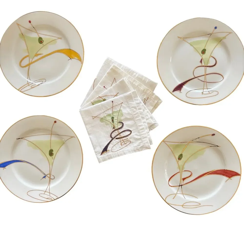 Vintage Pier 1 ceramic canapé plates with matching cocktail napkins set of 4